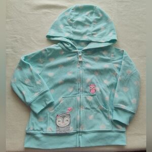 Light Blue Fleece Hooded Jacket with Hearts Owls Size 18 Months